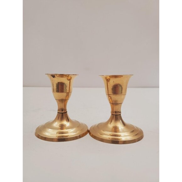 Pair of Brass Candlesticks - 2 Short Candlesticks - Vintage Home Decor - Boho - Picture 1 of 10